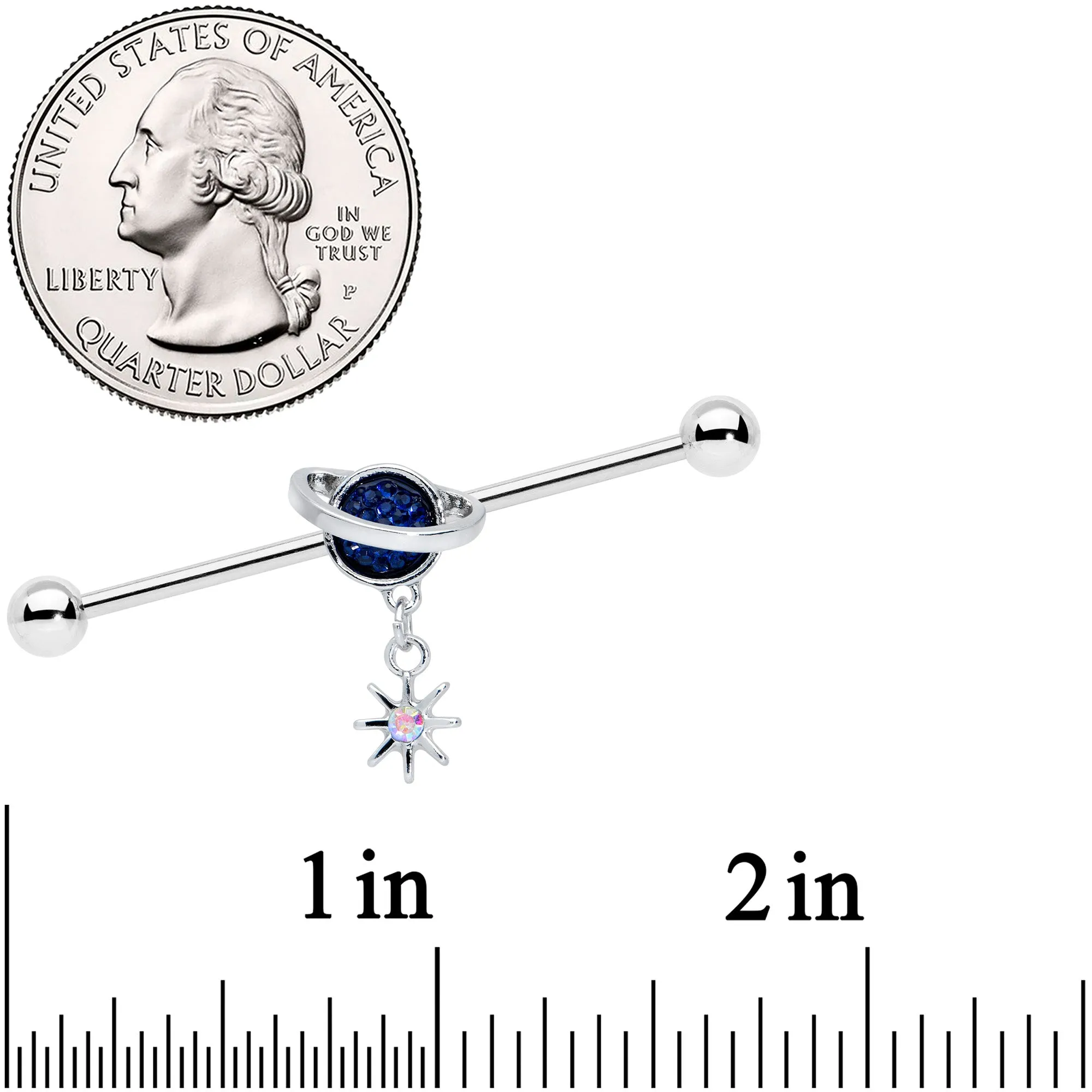 14 Gauge Aurora Blue Gem Saturn Star Dangle Industrial Barbell 38mm