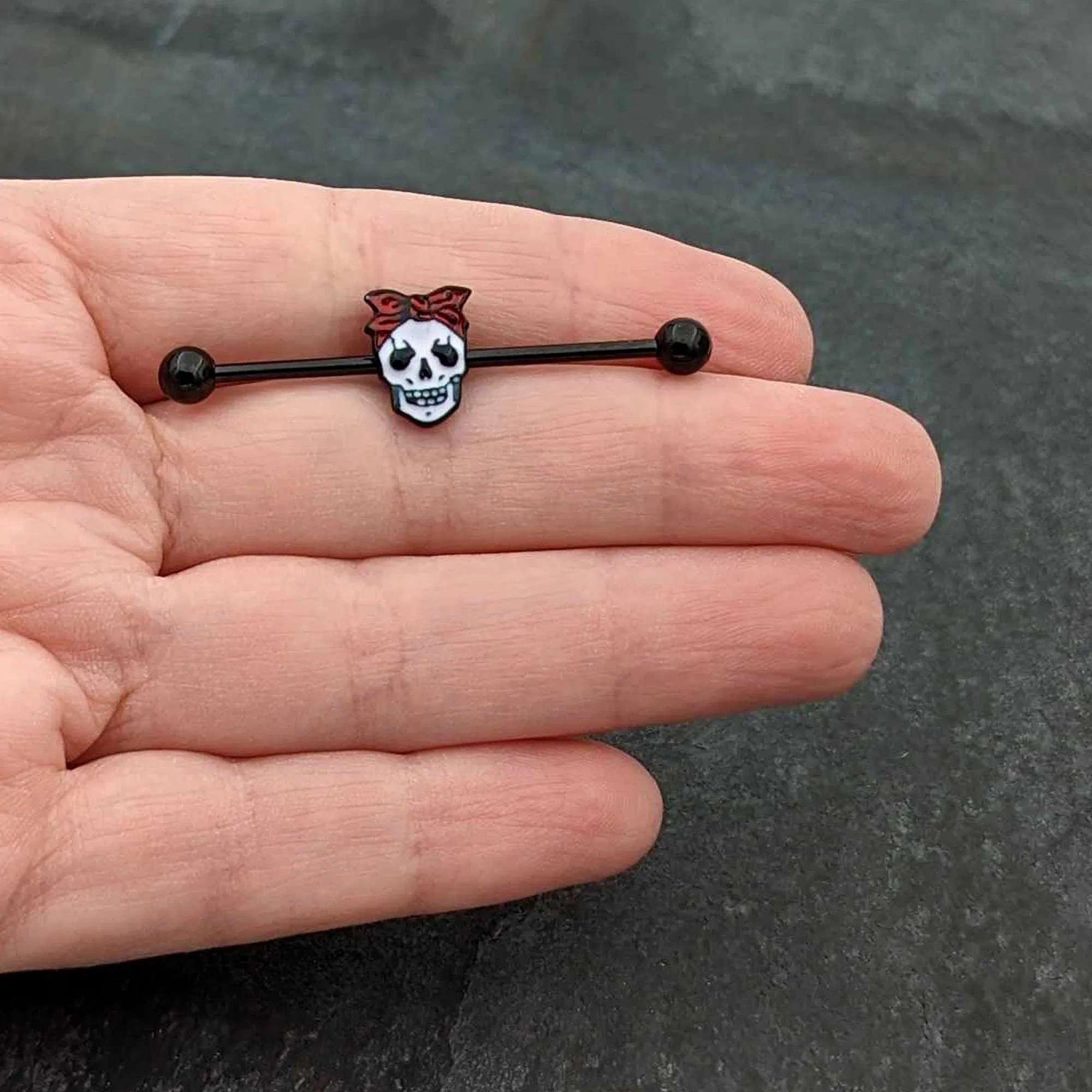 14 Gauge Black Halloween Skull Kerchief Industrial Barbell 38mm