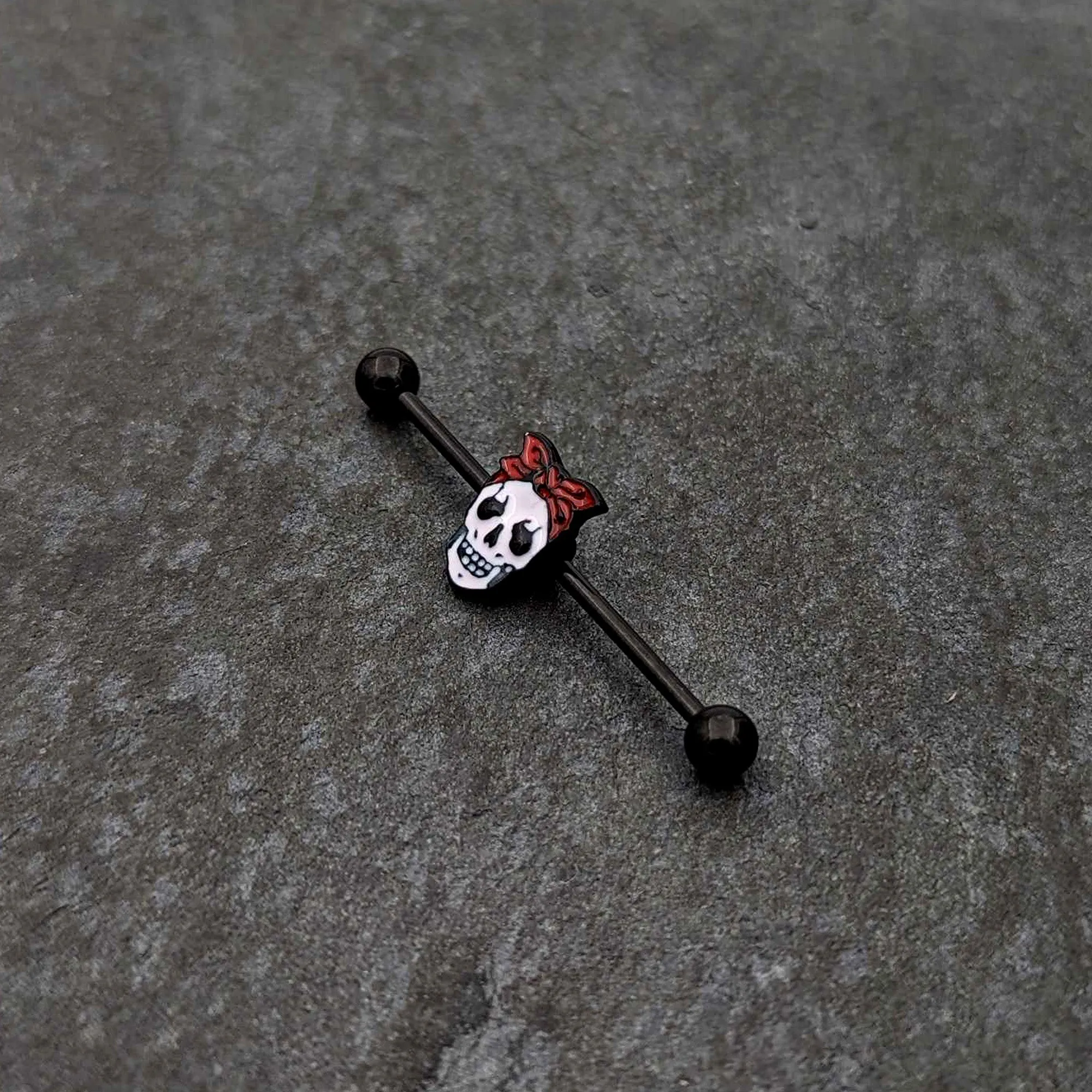 14 Gauge Black Halloween Skull Kerchief Industrial Barbell 38mm