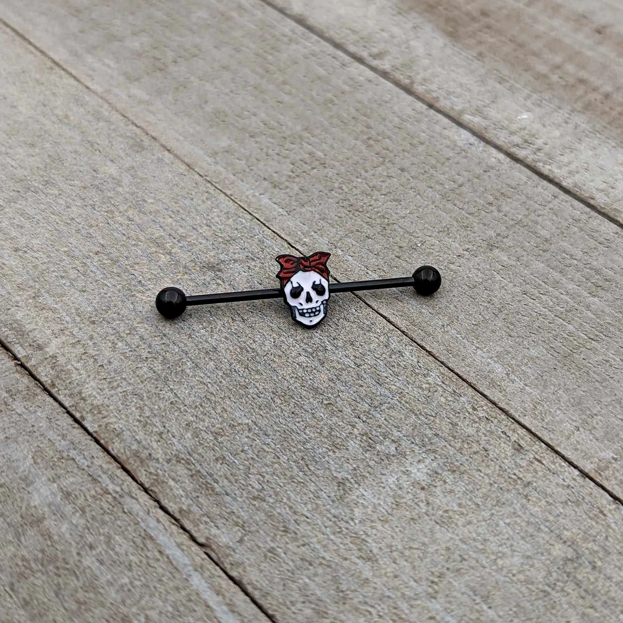14 Gauge Black Halloween Skull Kerchief Industrial Barbell 38mm