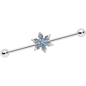 14 Gauge Clear CZ Gem Blue Snowflake Christmas Industrial Barbell 38mm