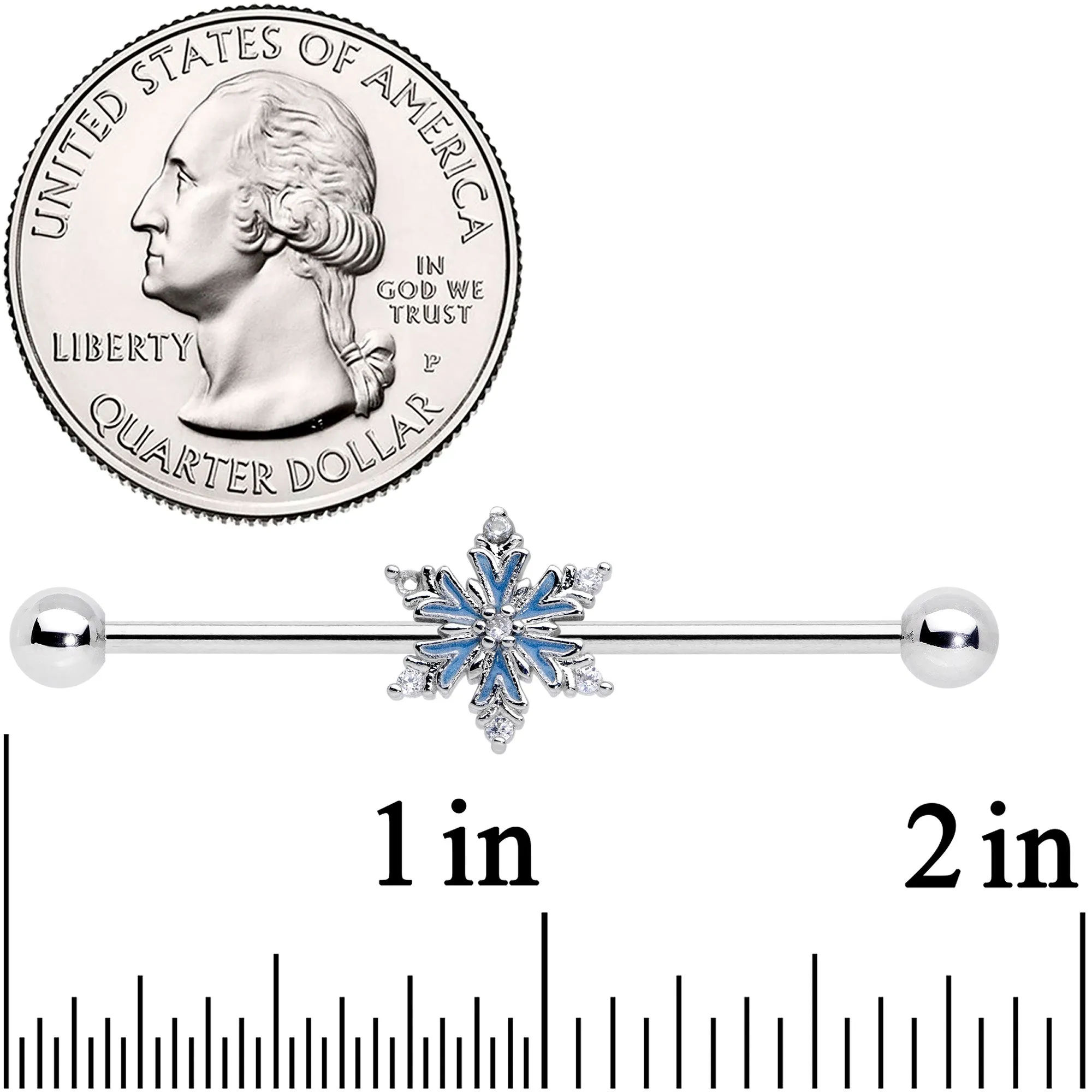 14 Gauge Clear CZ Gem Blue Snowflake Christmas Industrial Barbell 38mm