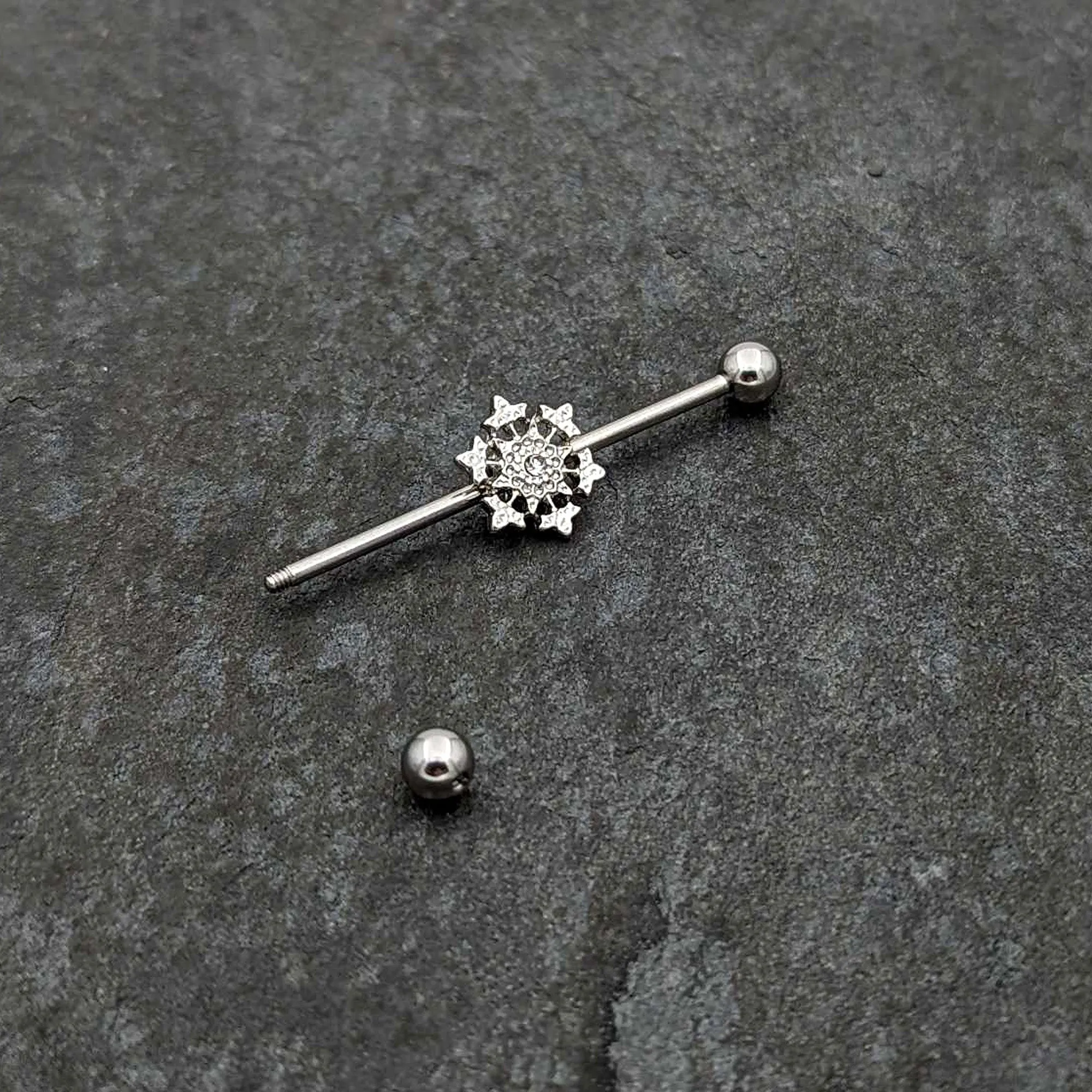14 Gauge Clear Gem Filigree Winter Snowflake Industrial Barbell 38mm