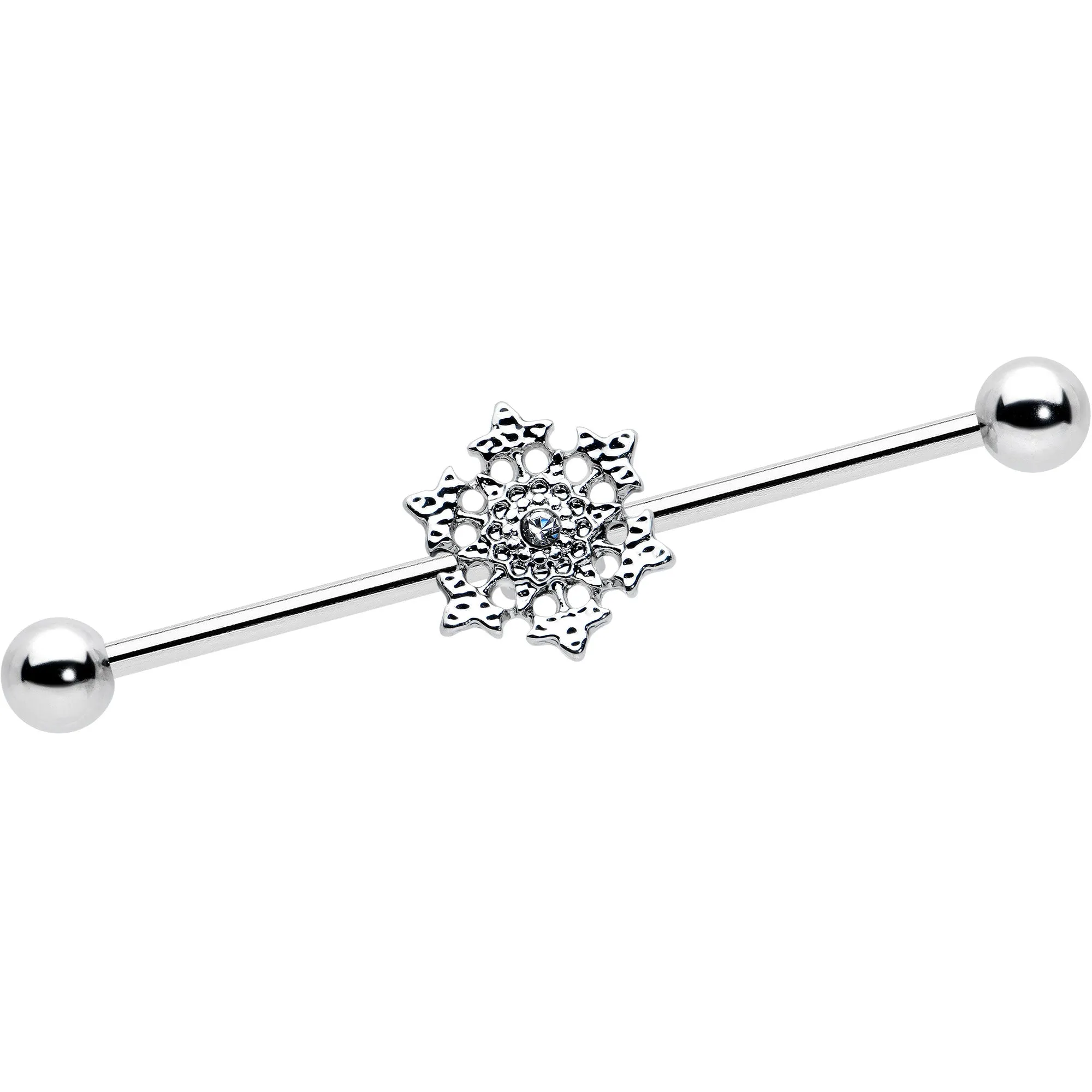 14 Gauge Clear Gem Filigree Winter Snowflake Industrial Barbell 38mm