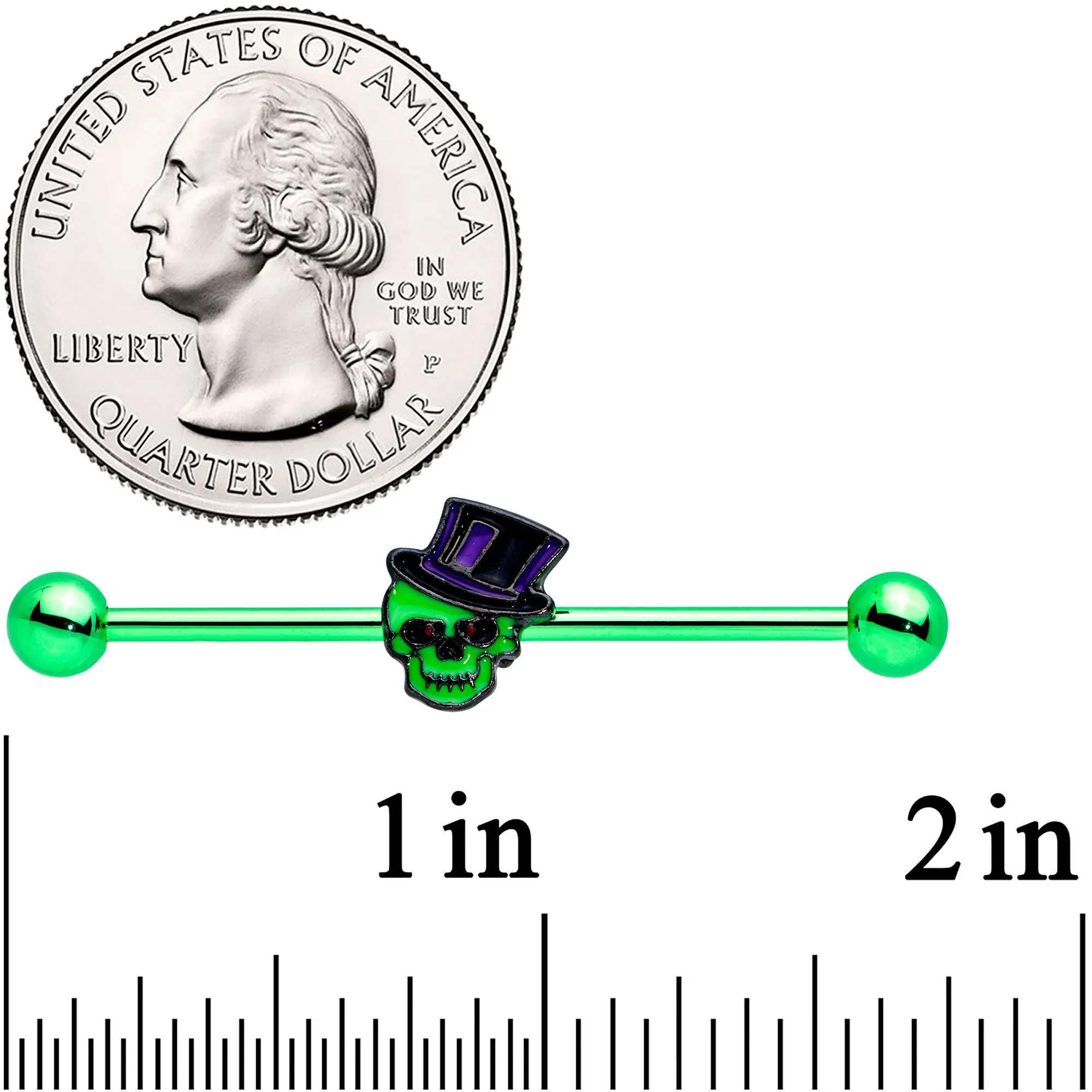 14 Gauge Green Top Hat Skull Halloween Industrial Barbell 38mm