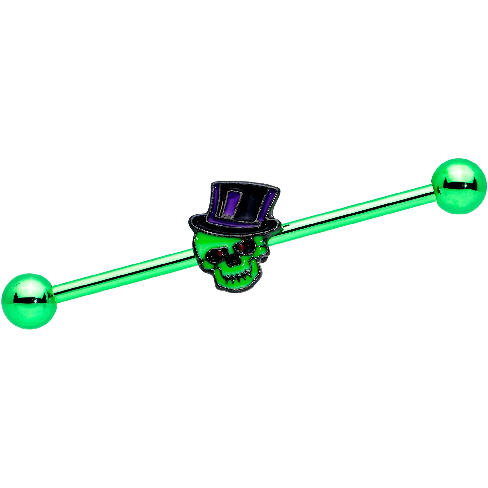 14 Gauge Green Top Hat Skull Halloween Industrial Barbell 38mm