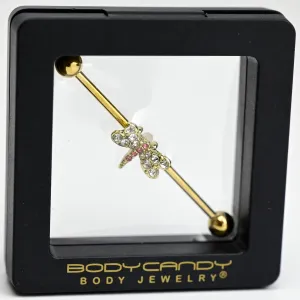 14 Gauge Pink Clear Gem Gold Tone Dragonfly Industrial Barbell 38mm