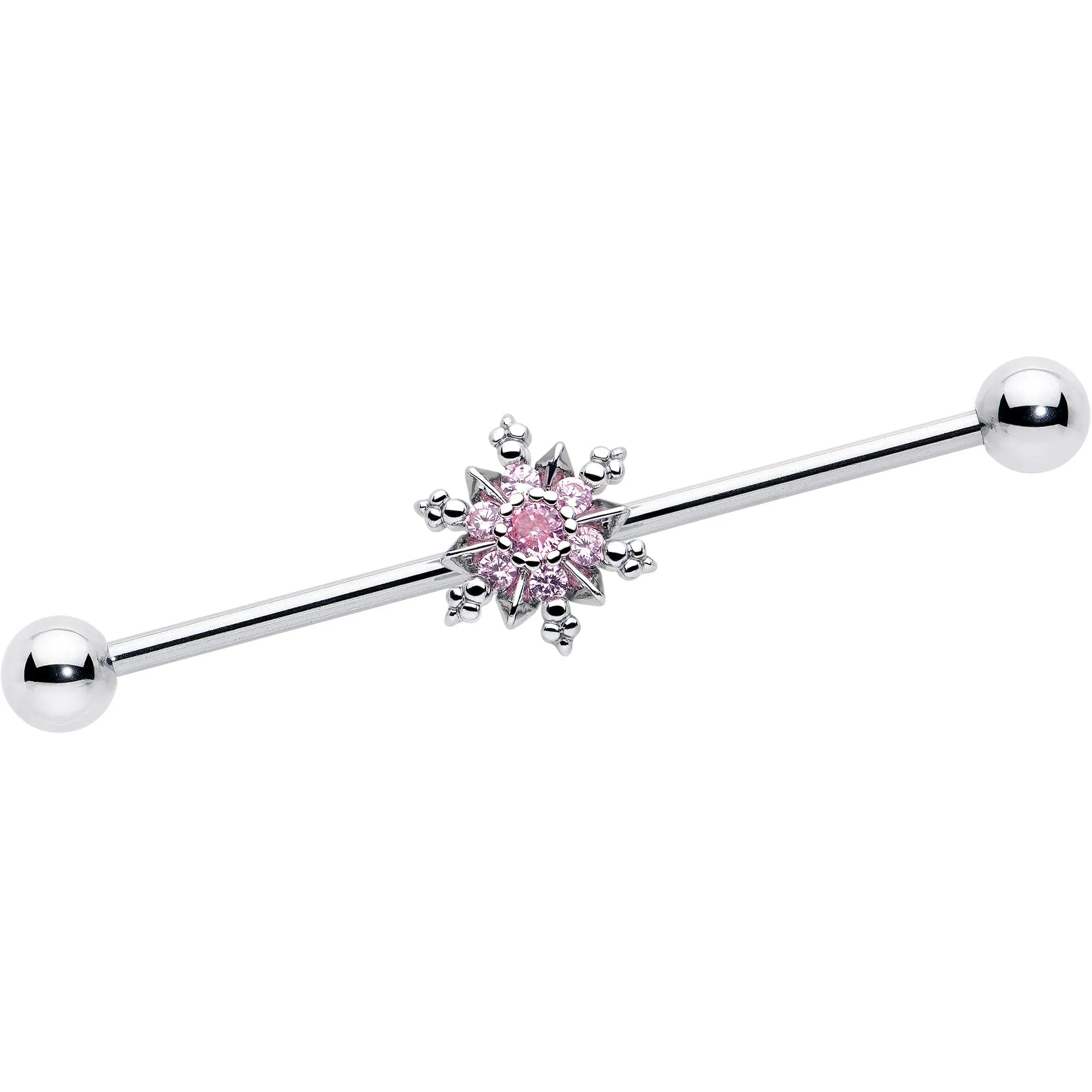 14 Gauge Pink CZ Gem Snowflake Glam Industrial Barbell 38mm