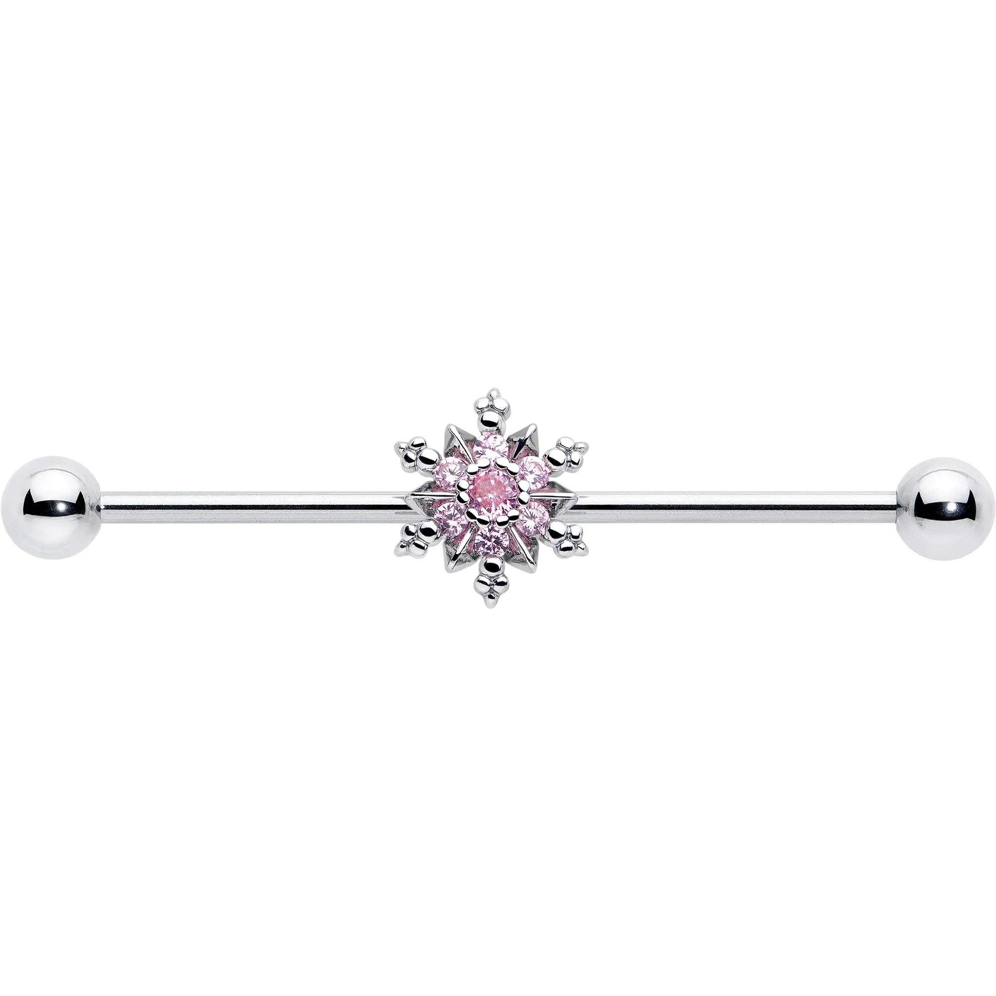 14 Gauge Pink CZ Gem Snowflake Glam Industrial Barbell 38mm