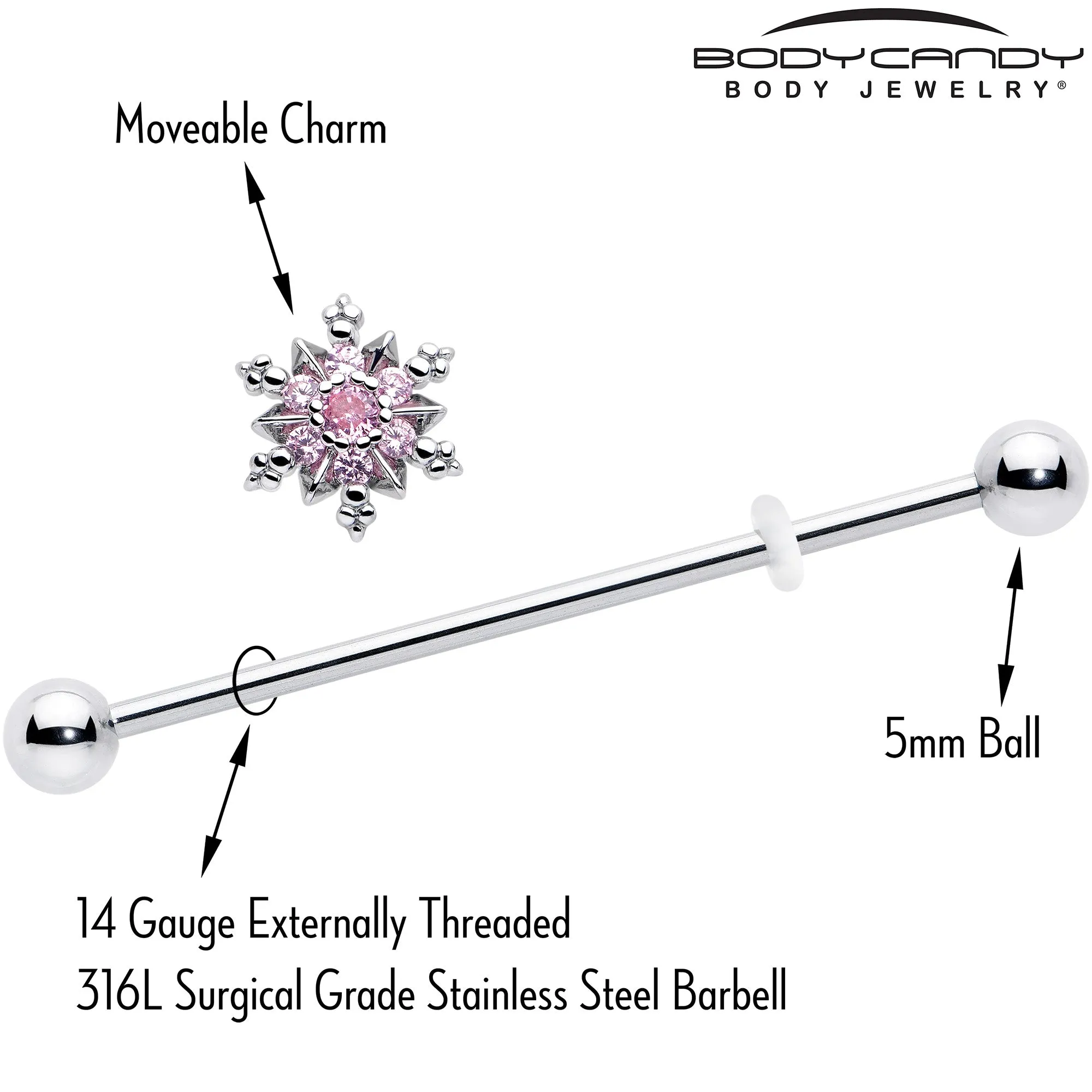 14 Gauge Pink CZ Gem Snowflake Glam Industrial Barbell 38mm