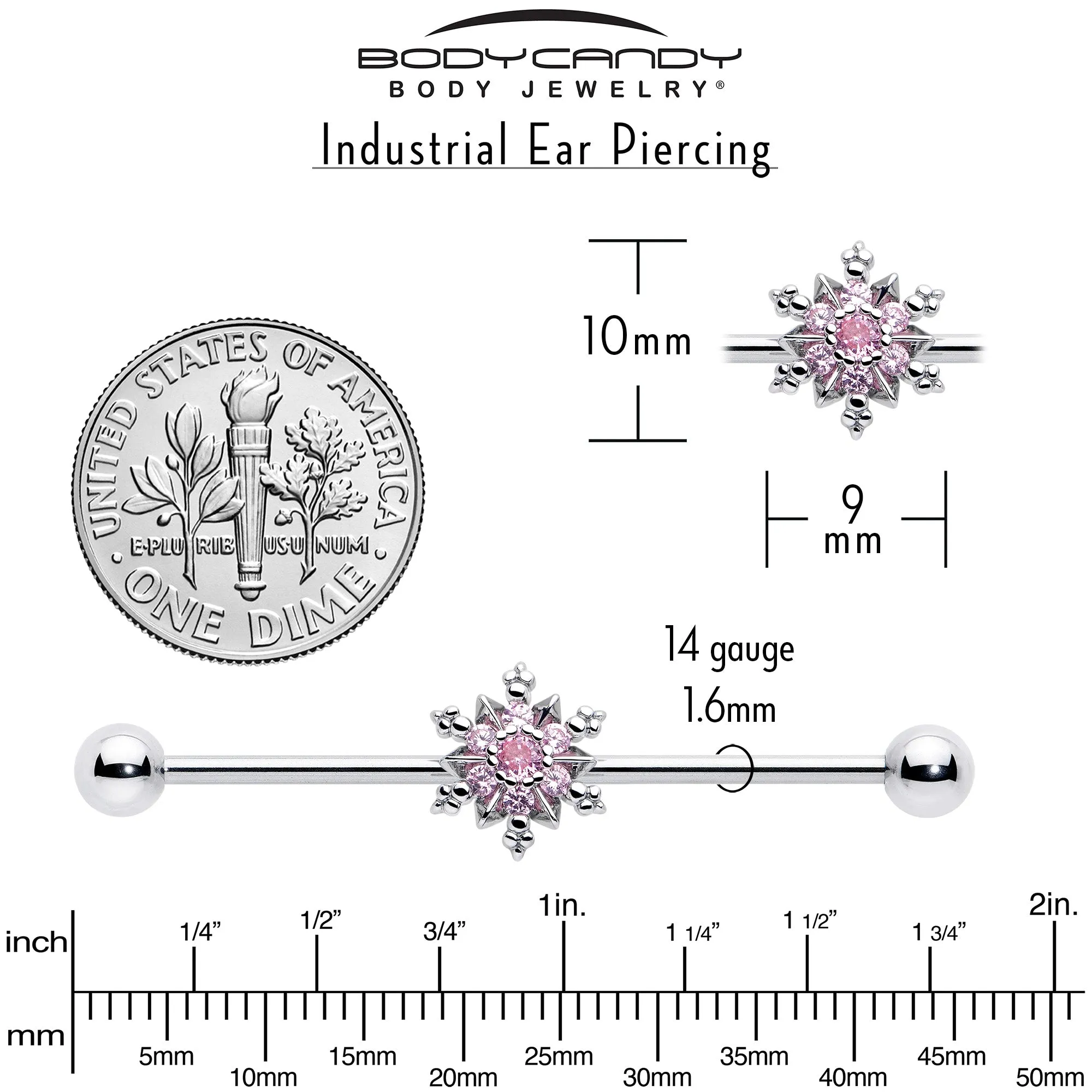 14 Gauge Pink CZ Gem Snowflake Glam Industrial Barbell 38mm