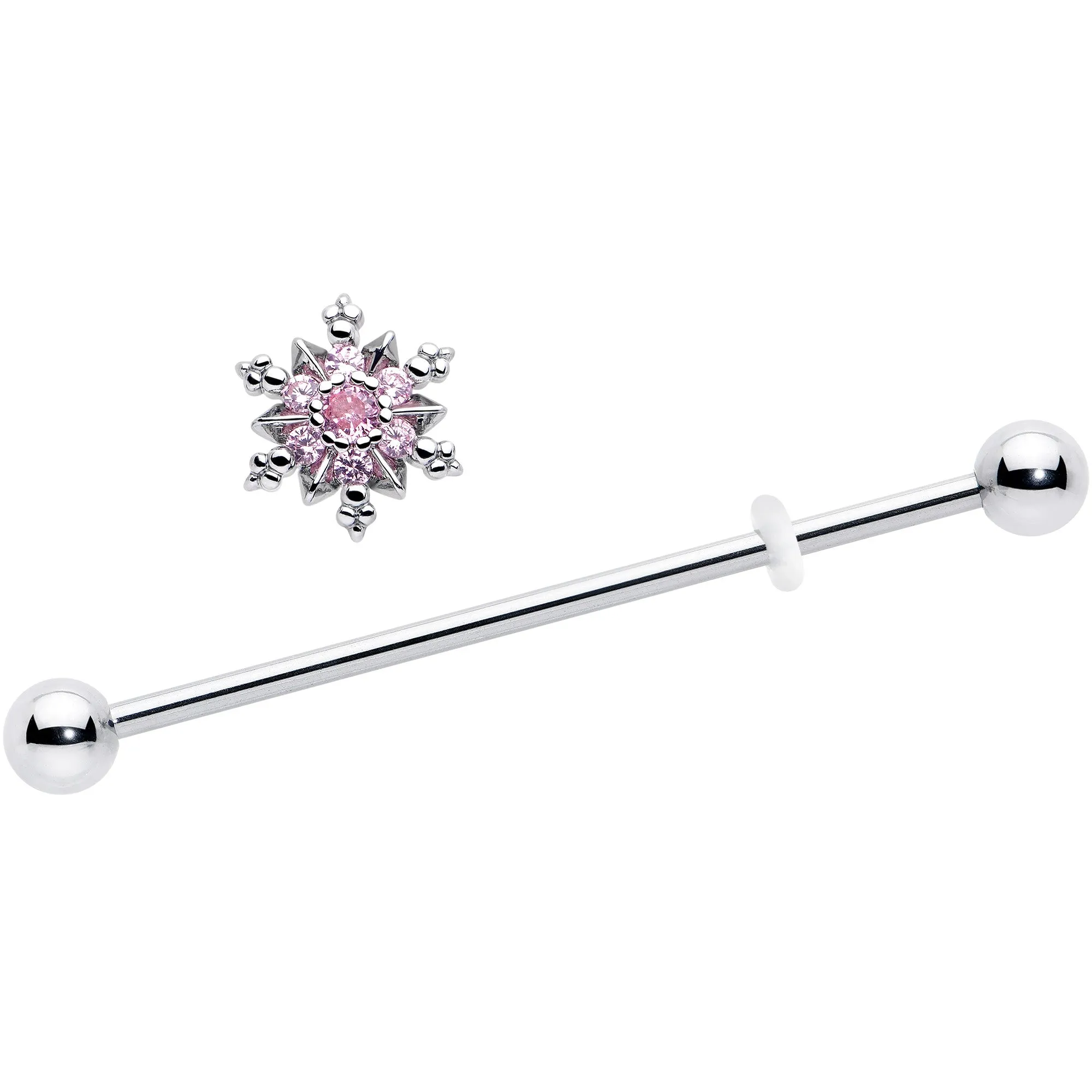 14 Gauge Pink CZ Gem Snowflake Glam Industrial Barbell 38mm