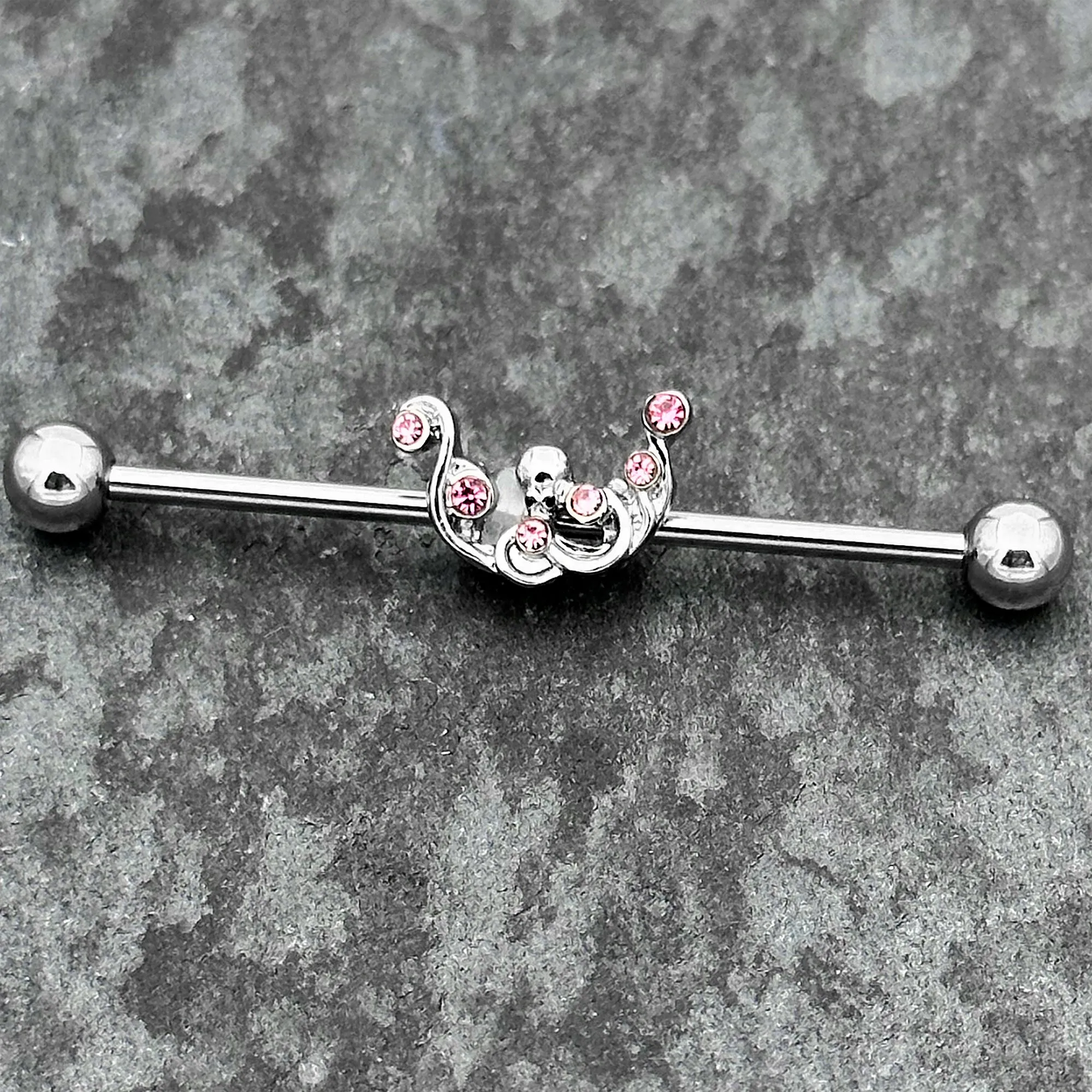 14 Gauge Pink Gem Scrolling Elegance Industrial Barbell 38mm