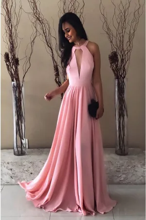 A-Line Crew Backless Floor-Length Pink Prom Dress with Keyhole PD008