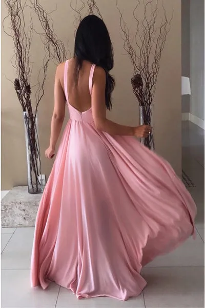 A-Line Crew Backless Floor-Length Pink Prom Dress with Keyhole PD008