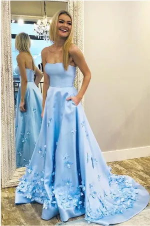 A-Line Sweetheart Sky Blue 3D Floral Applique Long Prom Dresses 2020 LPD007