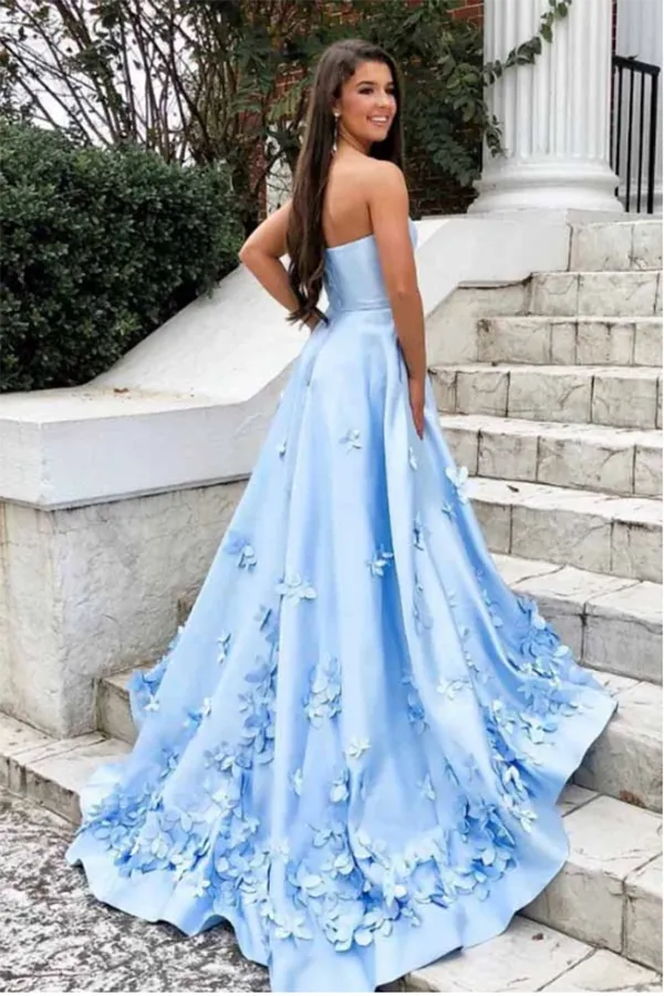 A-Line Sweetheart Sky Blue 3D Floral Applique Long Prom Dresses 2020 LPD007