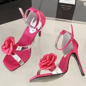 ADVBRIDGE  -  Luxury Rose Decoration Women Sandals Square Toe Belt Buckle Open Toe Heels Summer Fashion Ankle Strap Thin Heeled Slide Sandals