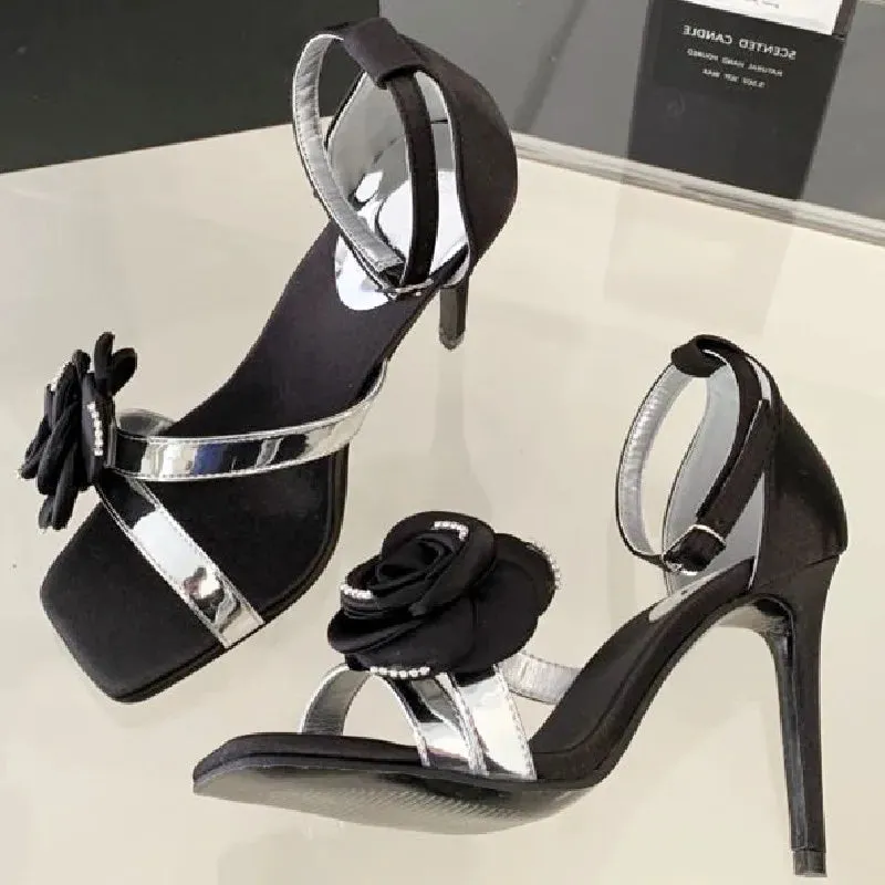 ADVBRIDGE  -  Luxury Rose Decoration Women Sandals Square Toe Belt Buckle Open Toe Heels Summer Fashion Ankle Strap Thin Heeled Slide Sandals