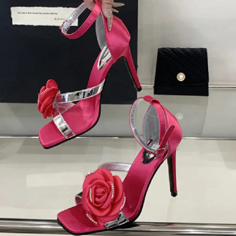 ADVBRIDGE  -  Luxury Rose Decoration Women Sandals Square Toe Belt Buckle Open Toe Heels Summer Fashion Ankle Strap Thin Heeled Slide Sandals