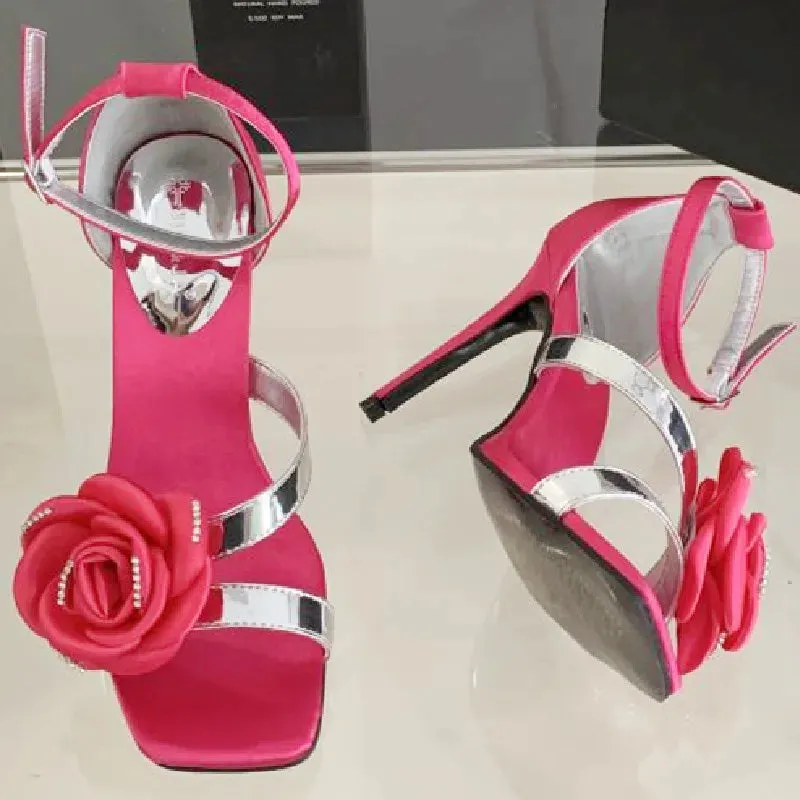 ADVBRIDGE  -  Luxury Rose Decoration Women Sandals Square Toe Belt Buckle Open Toe Heels Summer Fashion Ankle Strap Thin Heeled Slide Sandals