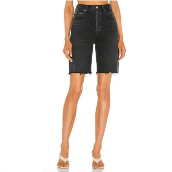 AGOLDE Revolve ‘90s Pinch High Waist Frayed Hem Bermuda Shorts, Black, Size 23