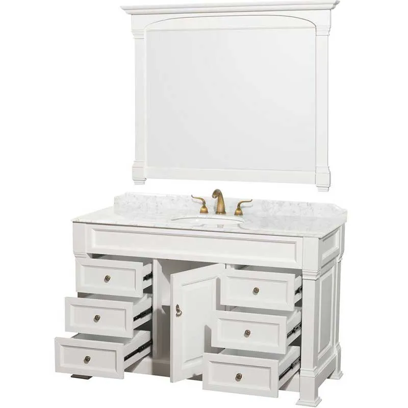 Andover 55" Single Bathroom Vanity in White, Carrara Marble Countertop, Undermount Oval Sink and 50" Mirror