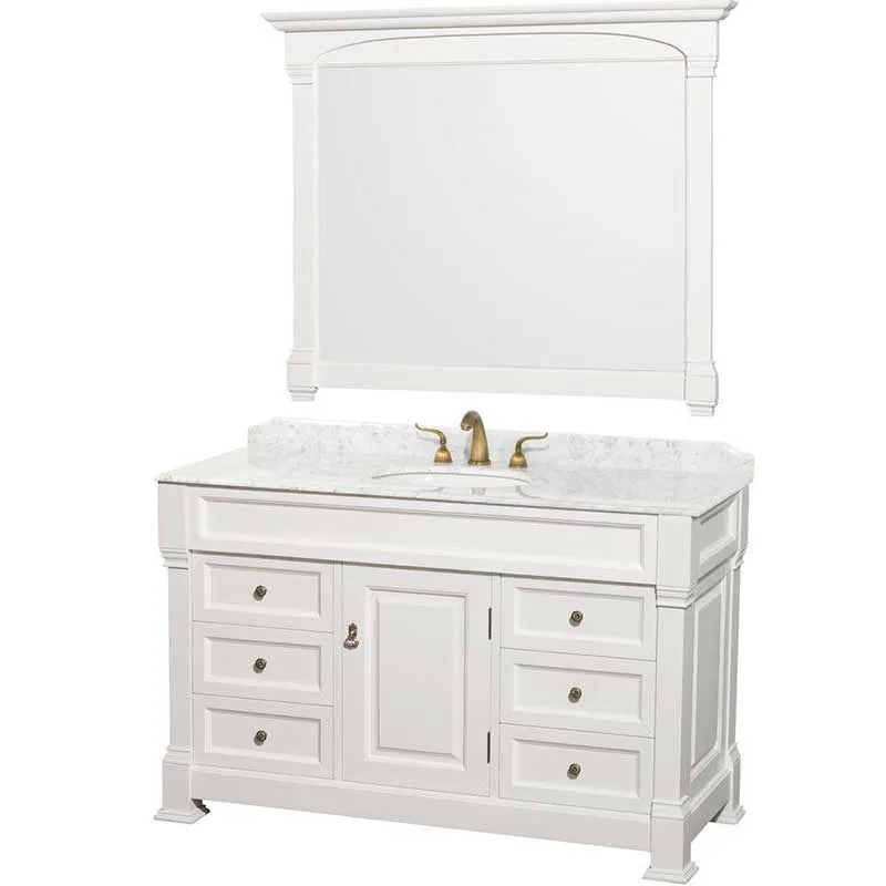 Andover 55" Single Bathroom Vanity in White, Carrara Marble Countertop, Undermount Oval Sink and 50" Mirror