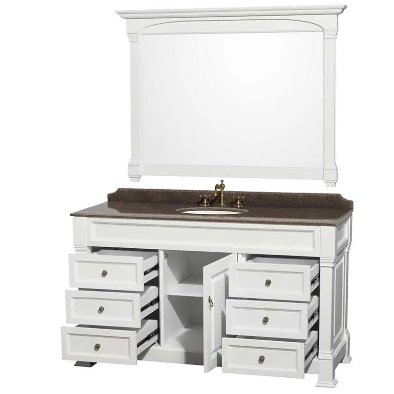 Andover 60" Single Bathroom Vanity in White, Imperial Brown Granite Countertop, Undermount Oval Sink and 56" Mirror