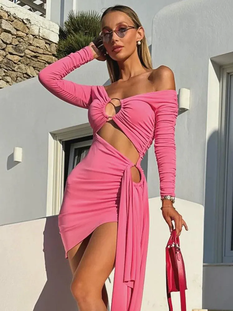 ANNA PINK HOLLOW OUT RUCHED TIGHT MINI DRESS