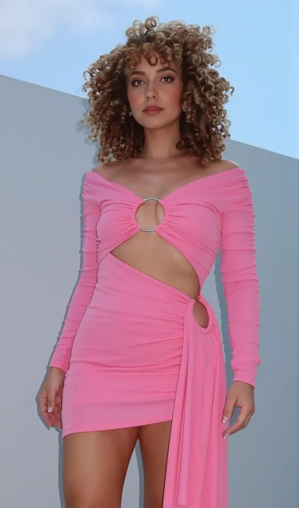 ANNA PINK HOLLOW OUT RUCHED TIGHT MINI DRESS