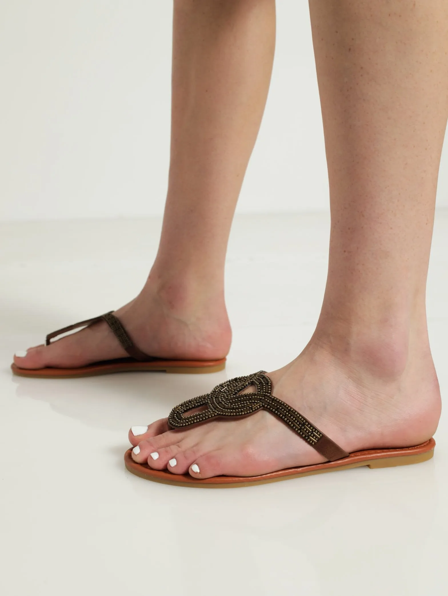 Beaded Vamp Thong Flat Sandal - Bronze