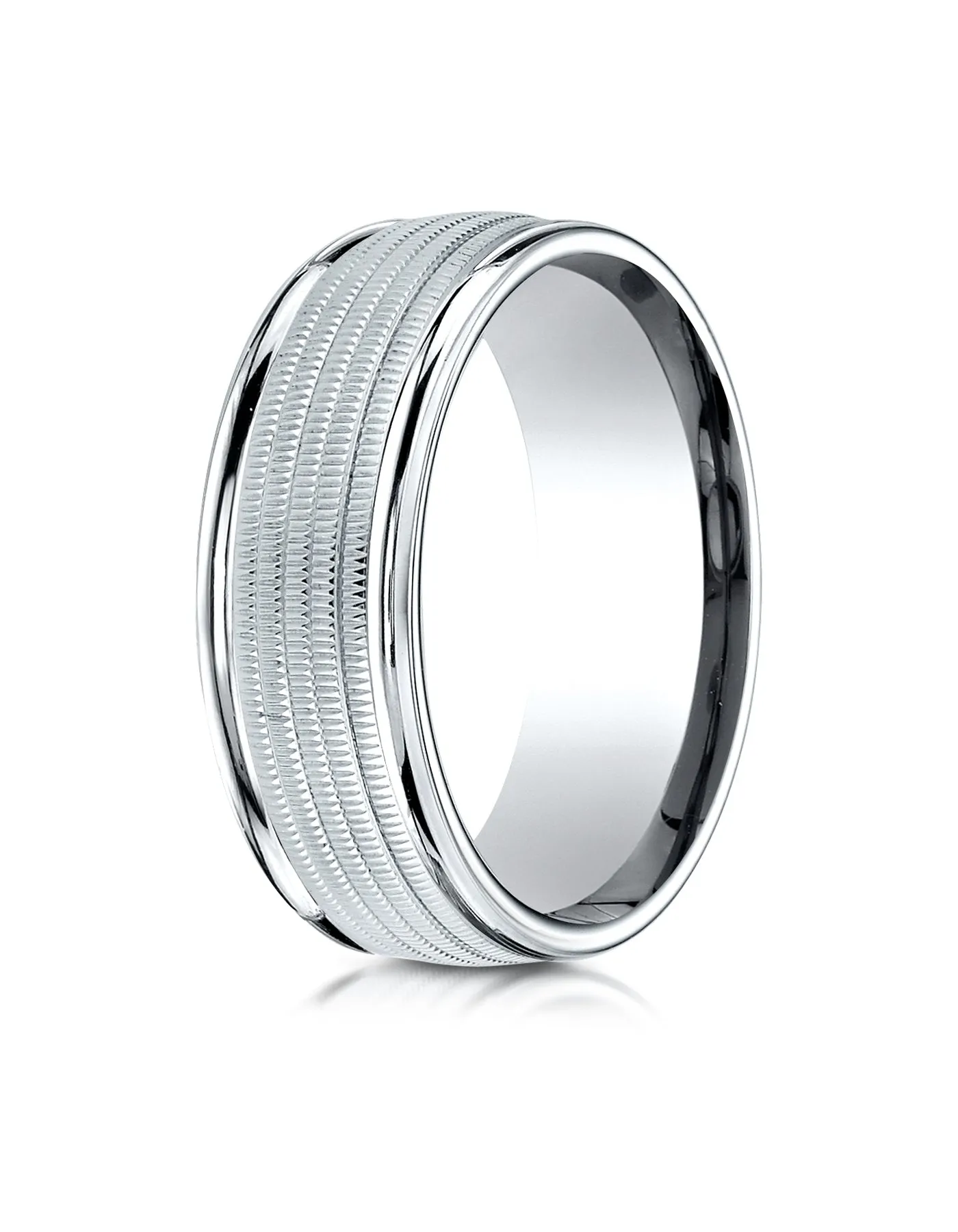 Benchmark 10K White Gold 8mm Comfort-Fit Multi Milgrain Center High Polish Round Edge Design Wedding Band
