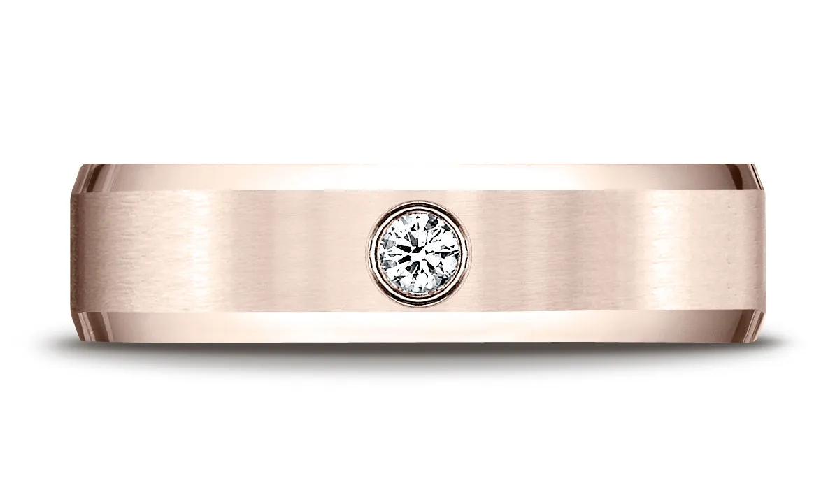 Benchmark 14K Rose Gold 6mm Comfort-Fit Beveled Burnish Set 1-Stone Diamond Wedding Band Ring (0.08 ct.)