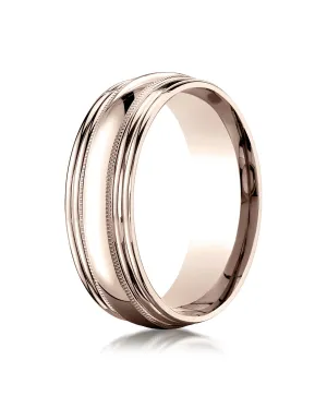 Benchmark 14K Rose Gold 7.5mm Comfort-Fit with Milgrain Double Round Edge Carved Design Wedding Ring
