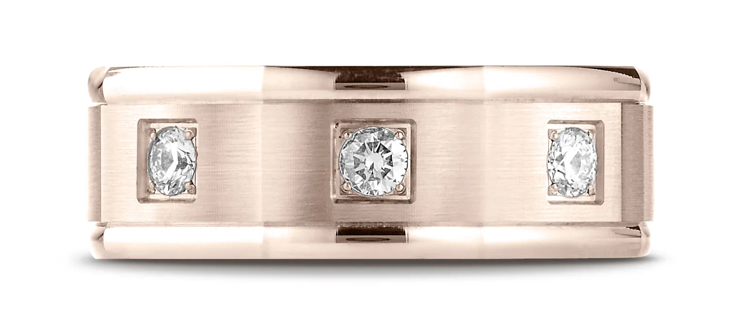 Benchmark 14K Rose Gold 8mm Comfort-Fit Pave-set 3-Stone Diamond Wedding Band Ring (0.24 ct.)