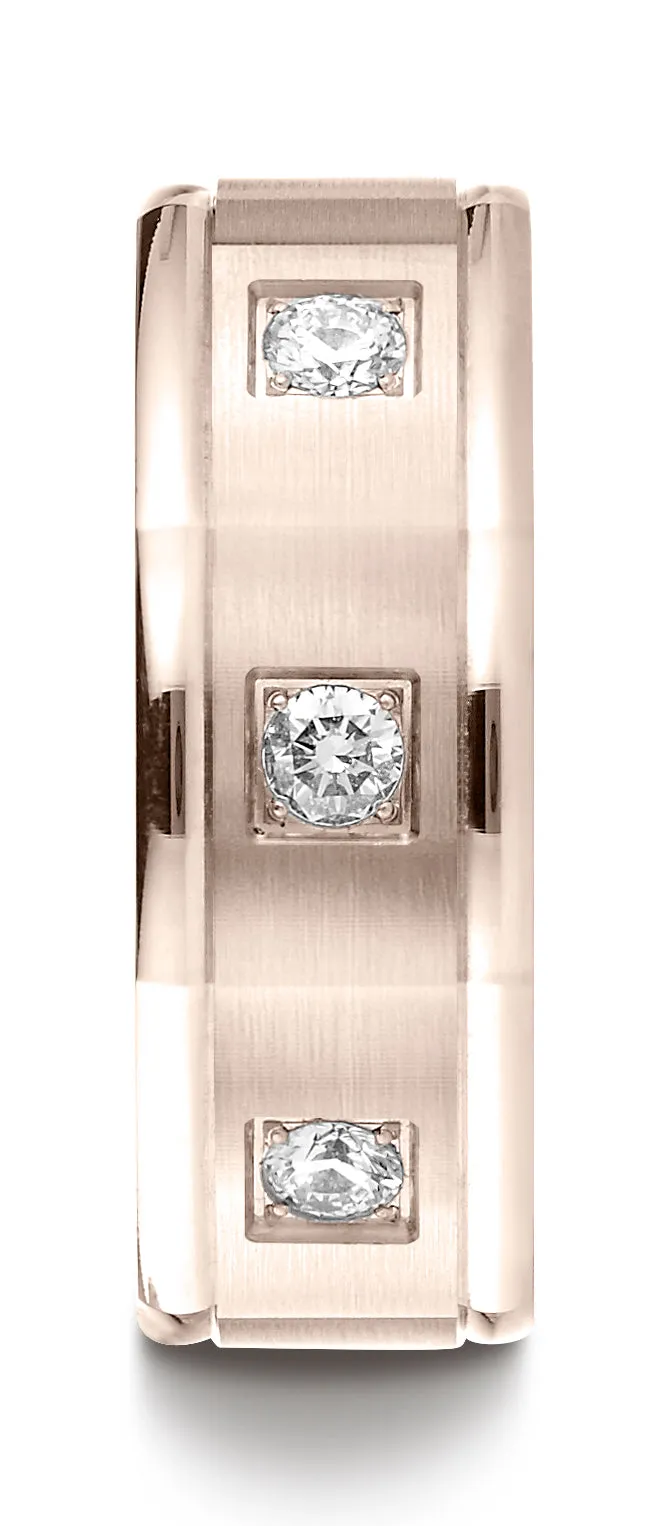 Benchmark 14K Rose Gold 8mm Comfort-Fit Pave-set 3-Stone Diamond Wedding Band Ring (0.24 ct.)