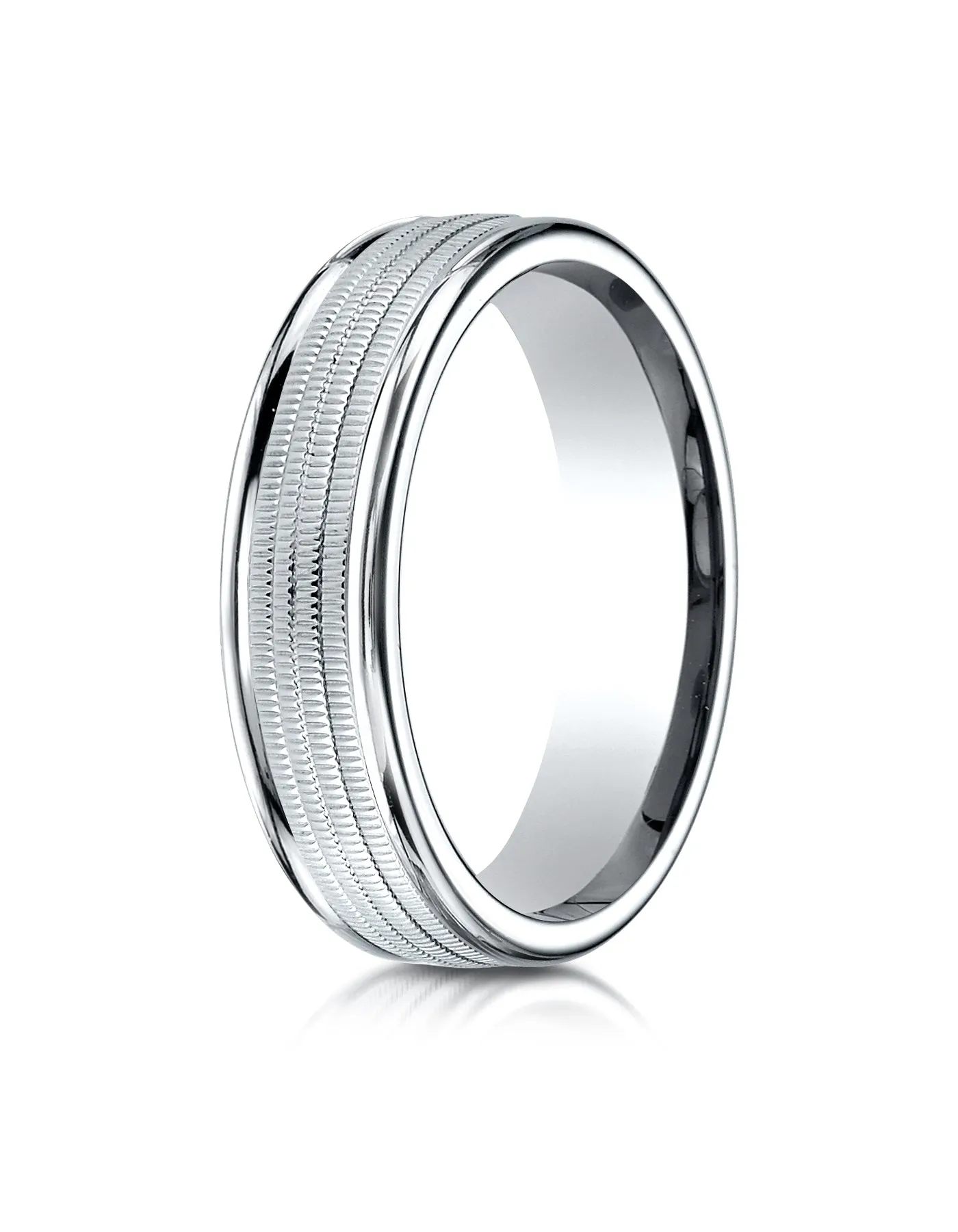 Benchmark 14K White Gold 6mm Comfort-Fit Multi Milgrain Center High Polish Round Edge Design Wedding Band