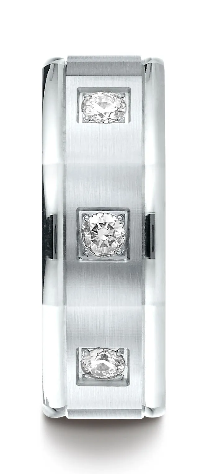 Benchmark 14K White Gold 8mm Comfort-Fit Pave-set 3-Stone Diamond Wedding Band Ring (0.24 ct.)