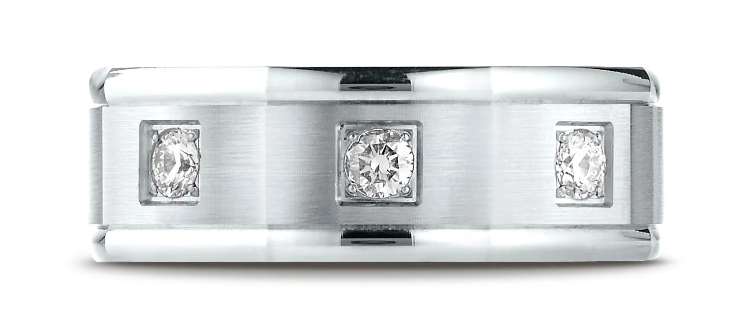 Benchmark 14K White Gold 8mm Comfort-Fit Pave-set 3-Stone Diamond Wedding Band Ring (0.24 ct.)