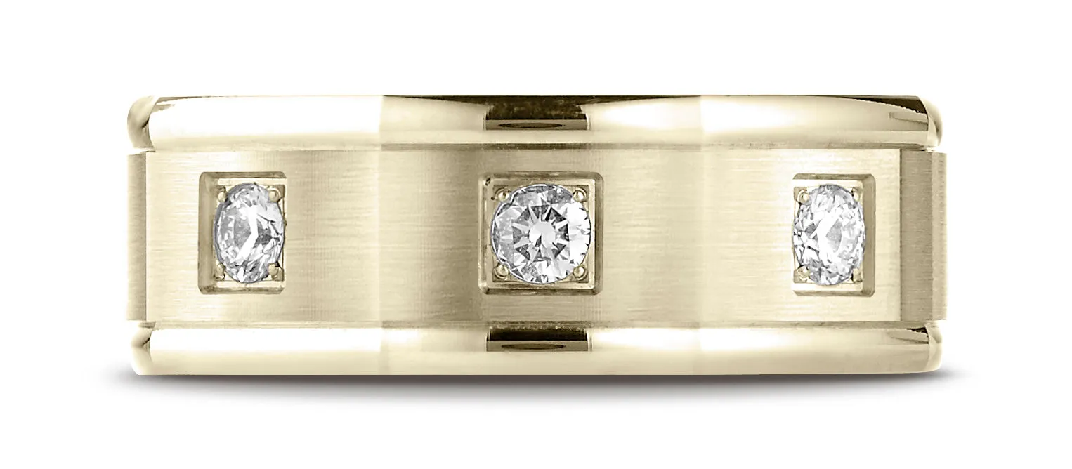 Benchmark 14K Yellow Gold 8mm Comfort-Fit Pave-set 3-Stone Diamond Wedding Band Ring (0.24 ct.)