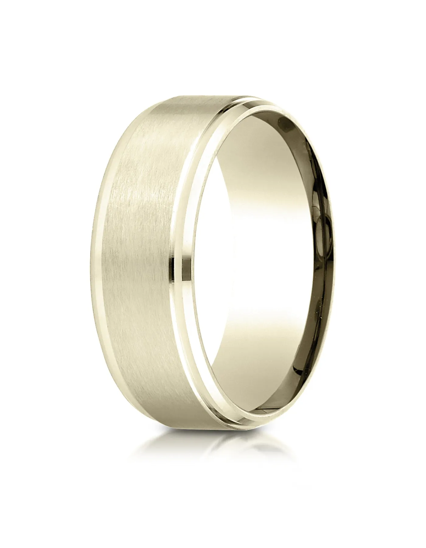 Benchmark 18K Yellow Gold 8mm Comfort-Fit Satin-Finished Drop Beveled Edge Carved Design Wedding Band