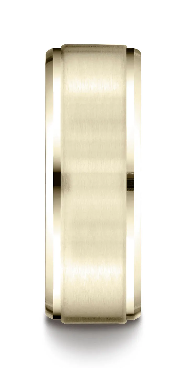 Benchmark 18K Yellow Gold 8mm Comfort-Fit Satin-Finished Drop Beveled Edge Carved Design Wedding Band