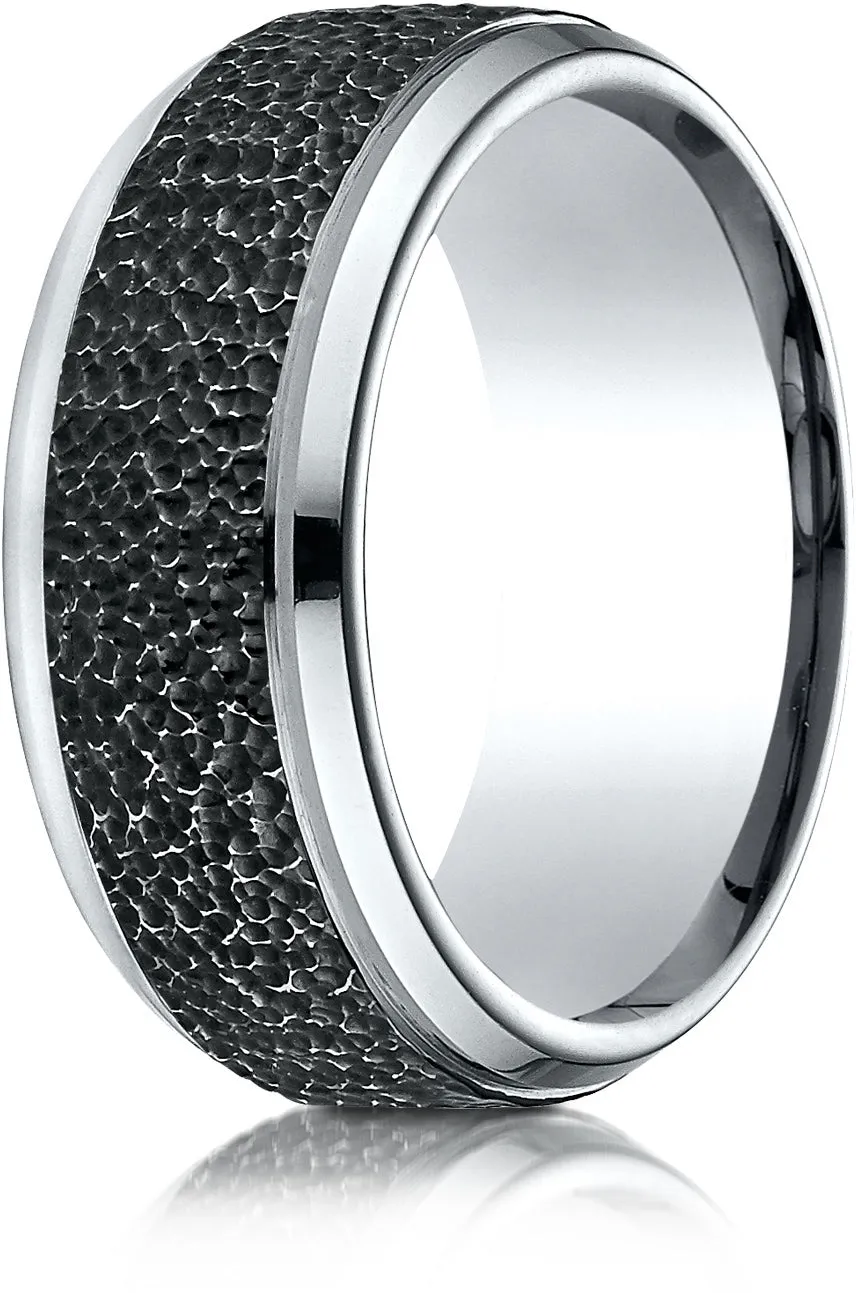 Benchmark Cobaltchrome 9mm Comfort-Fit Black Micro-Hammered Wedding Band Ring, (Sizes 6 - 14)