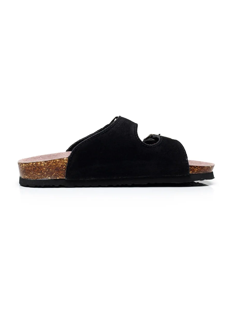 Black Double-Buckle Wide-Strap Suede Leather Sandals
