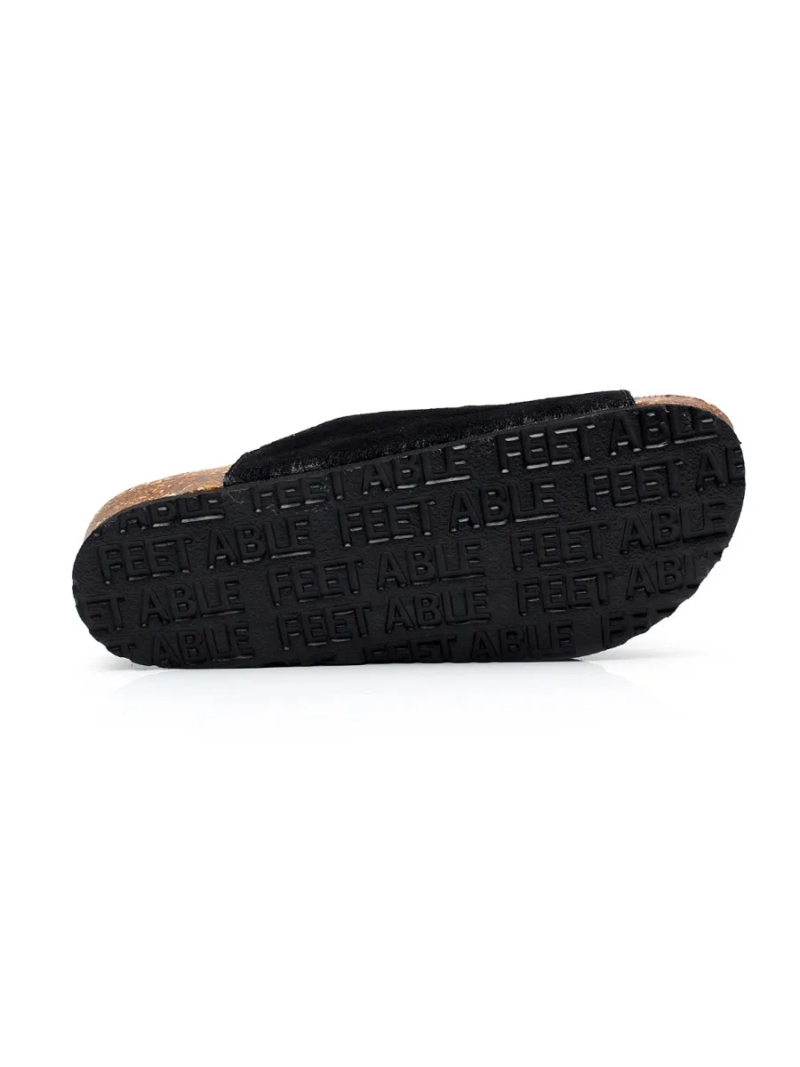 Black Double-Buckle Wide-Strap Suede Leather Sandals