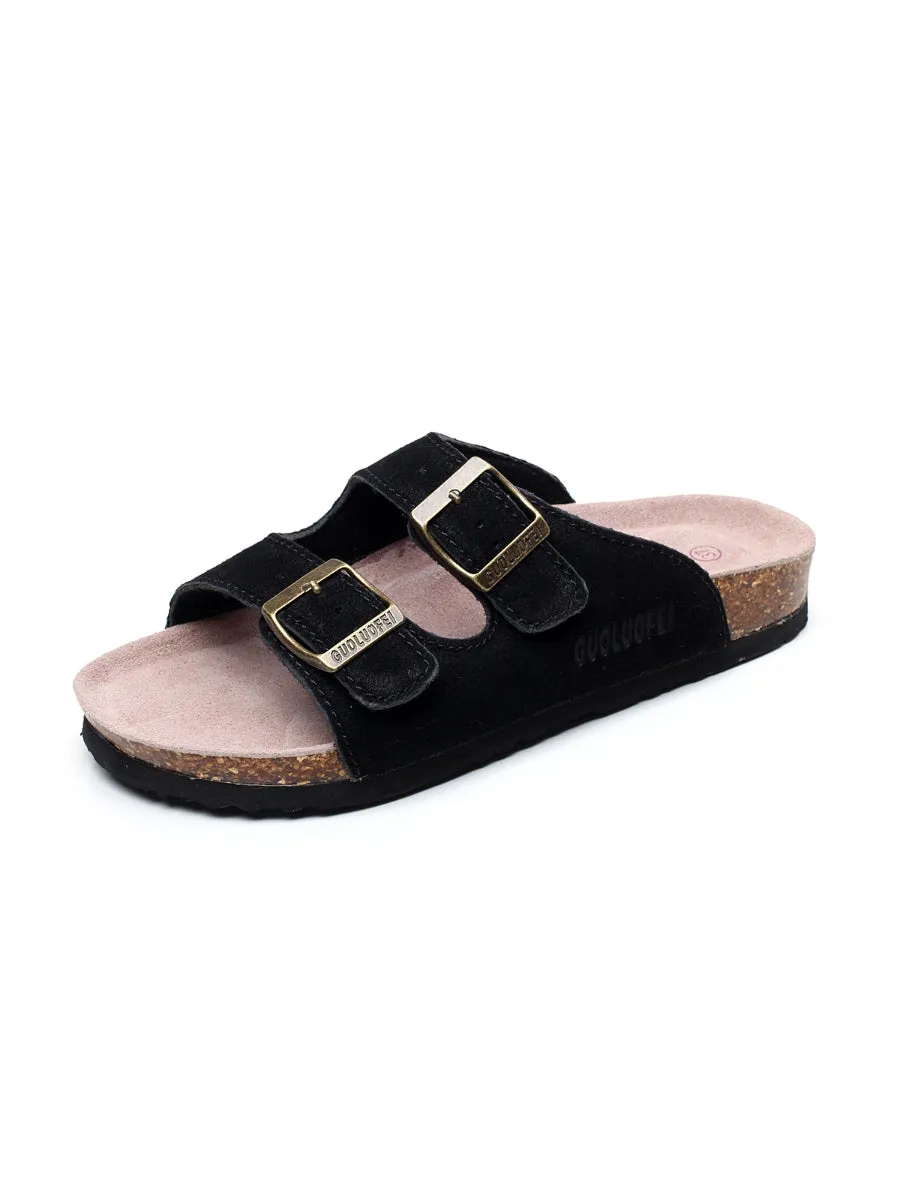 Black Double-Buckle Wide-Strap Suede Leather Sandals