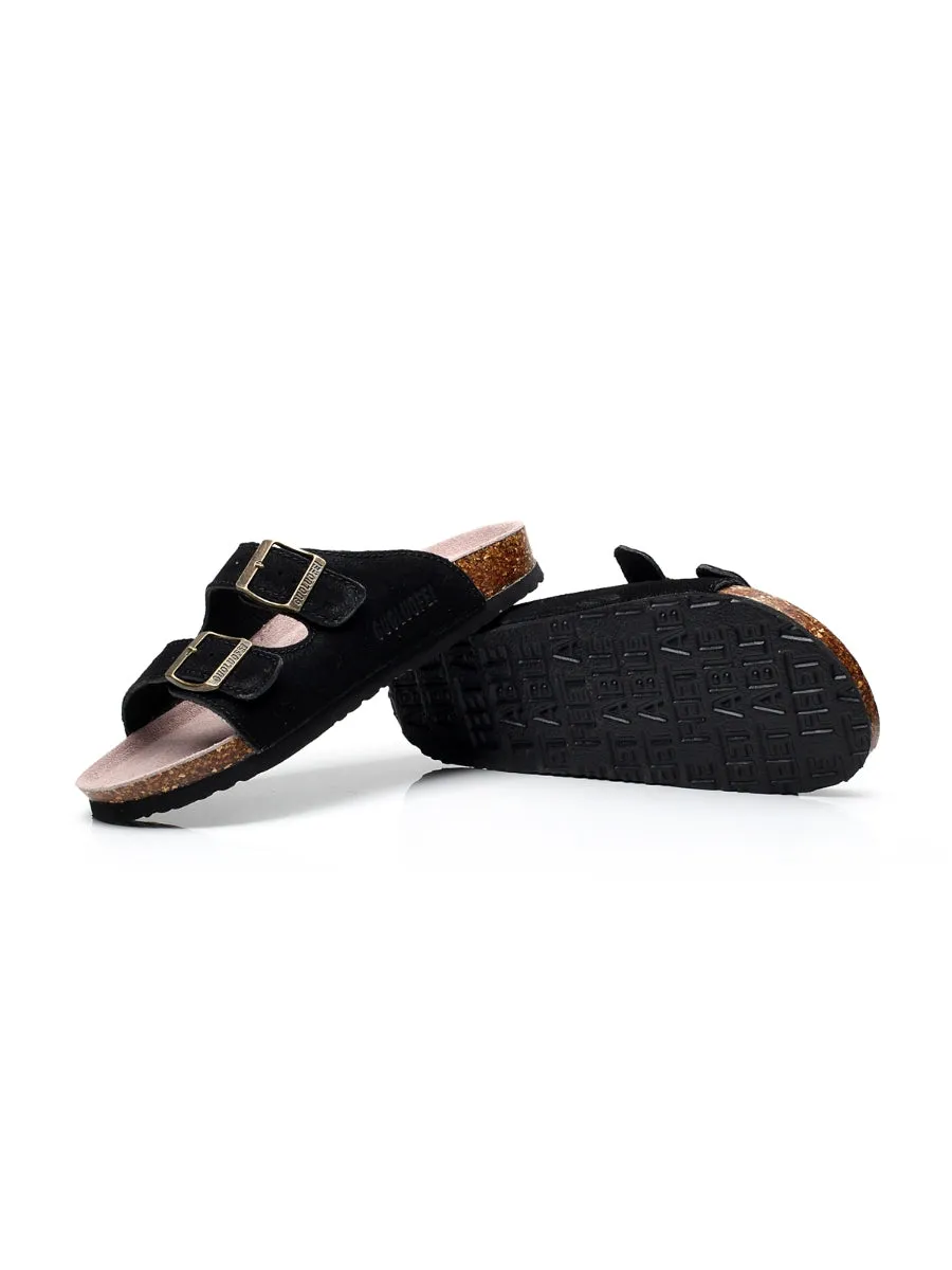 Black Double-Buckle Wide-Strap Suede Leather Sandals