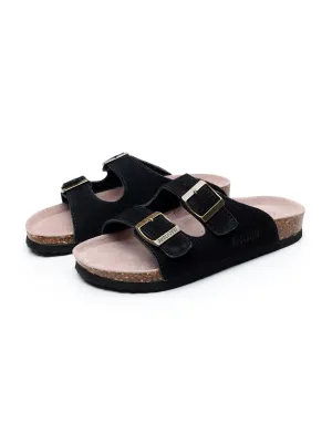 Black Double-Buckle Wide-Strap Suede Leather Sandals
