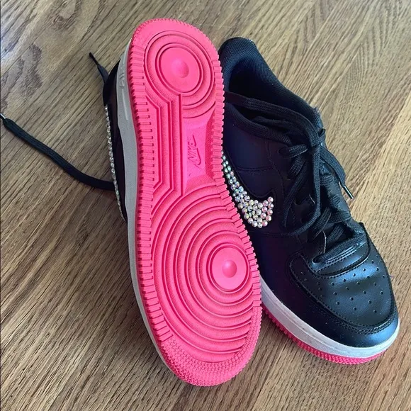 Black Sneakers with Pink Soles and Rhinestone Swoosh